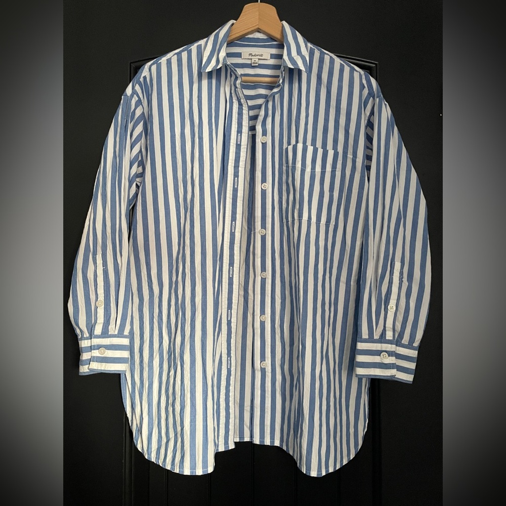 Madewell Signature Poplin Oversized Shirt - Blue and White Striped - Picture 3 of 7